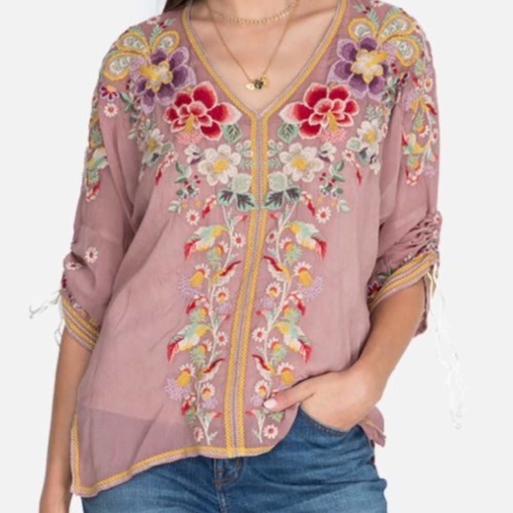 Johnny Was Dusty Mauve Floral Embroidered V-Neck Tunic